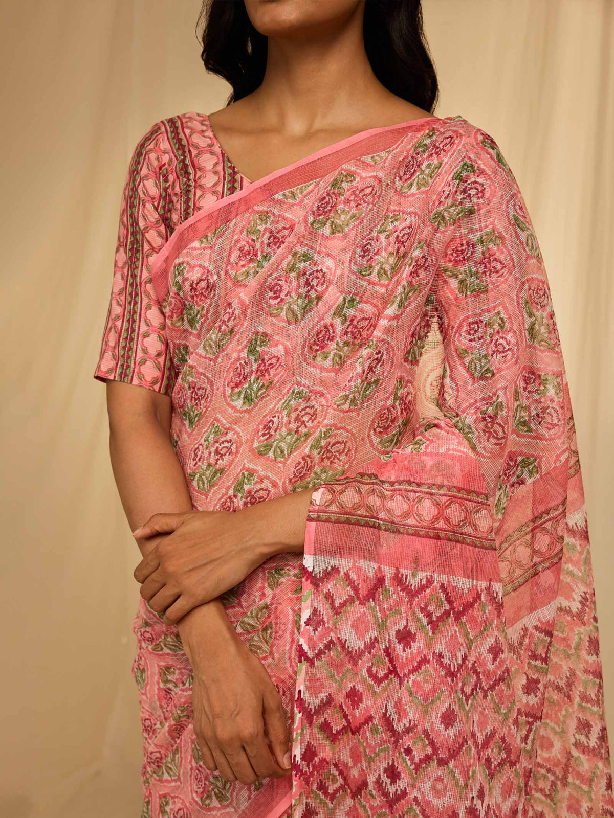 Ikat Pink Kota Saree