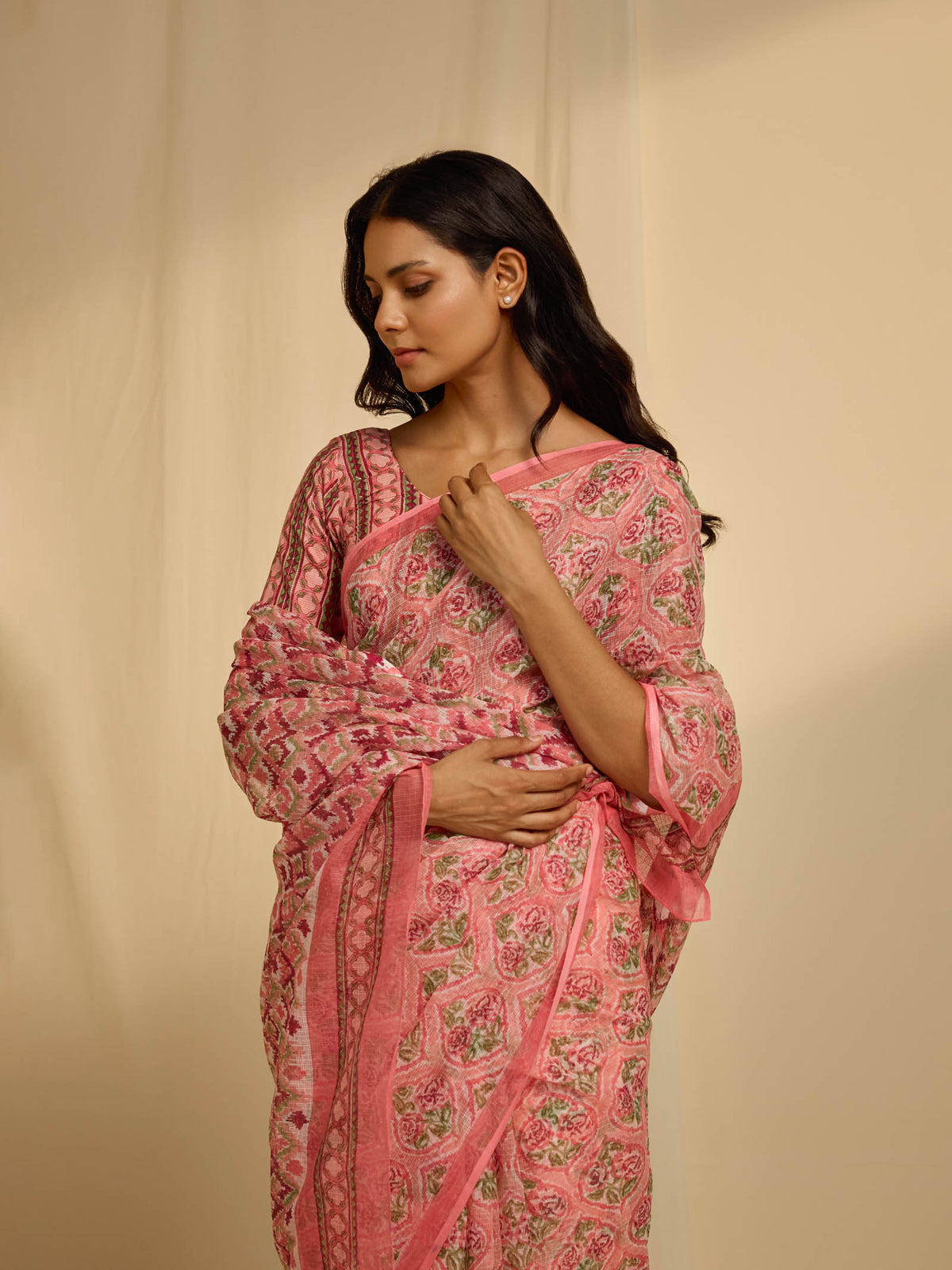 Ikat Pink Kota Saree