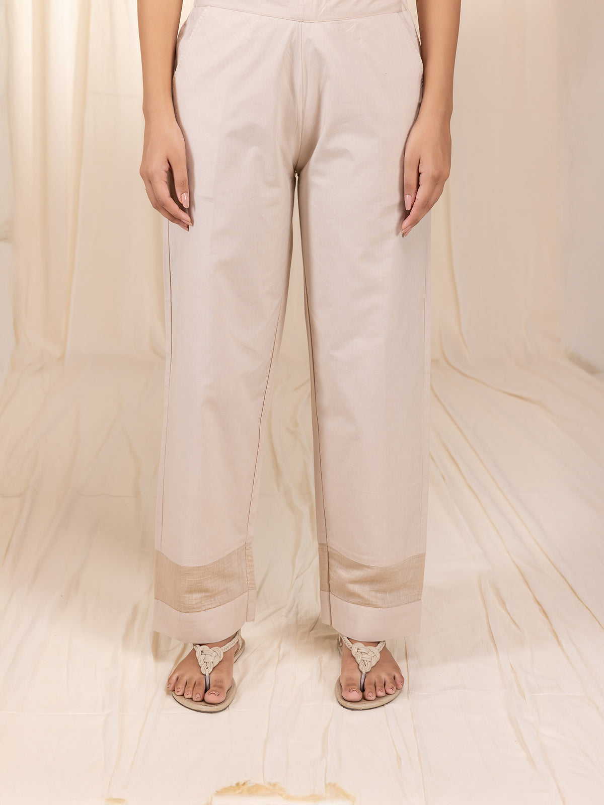 Satin Stitch Beige Cotton Straight Pant