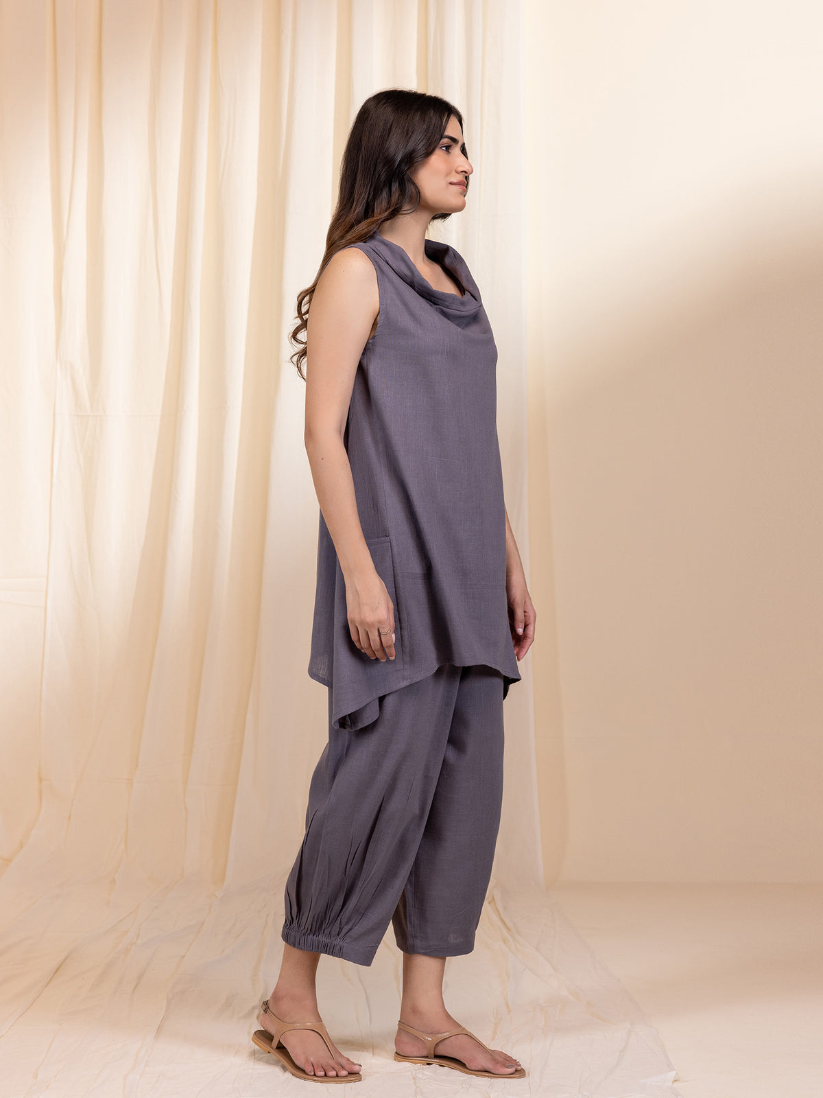 Cowl Grey Cotton Twin Set (Set Of 2 Pcs)