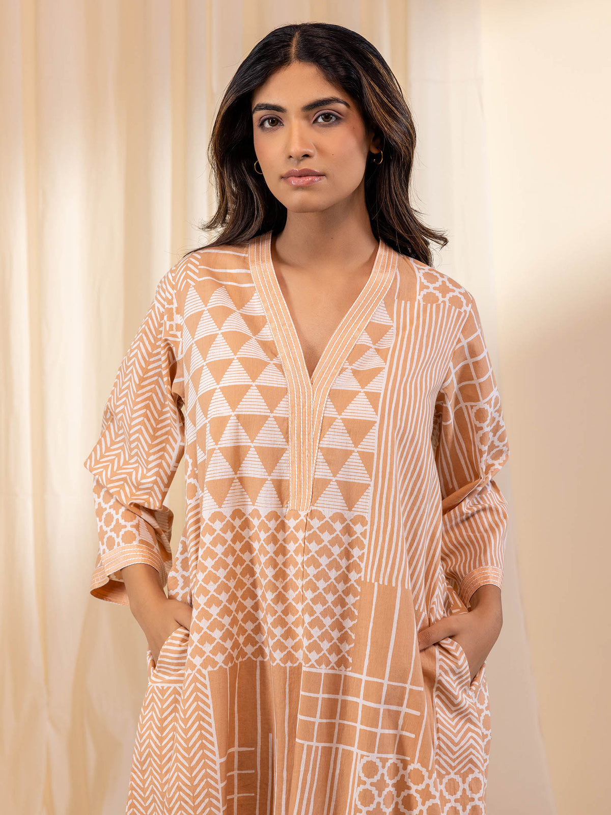 Skin Tones Geometric Beige Cotton Kurta