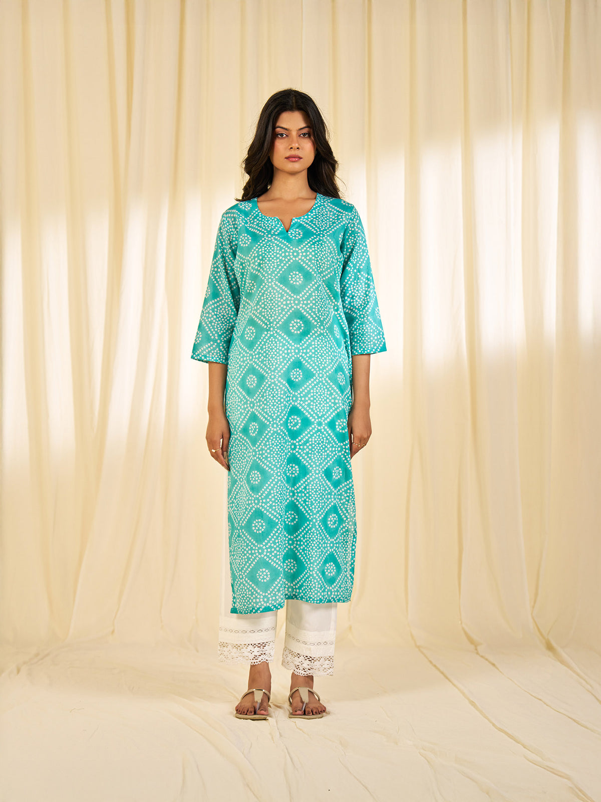 Block Bandhej Teal Cotton Kurta