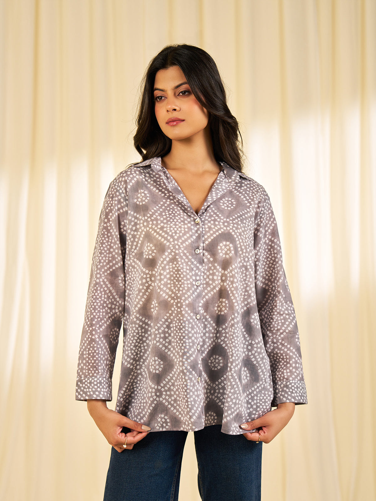 Block Bandhej Voile Shirt - Grey