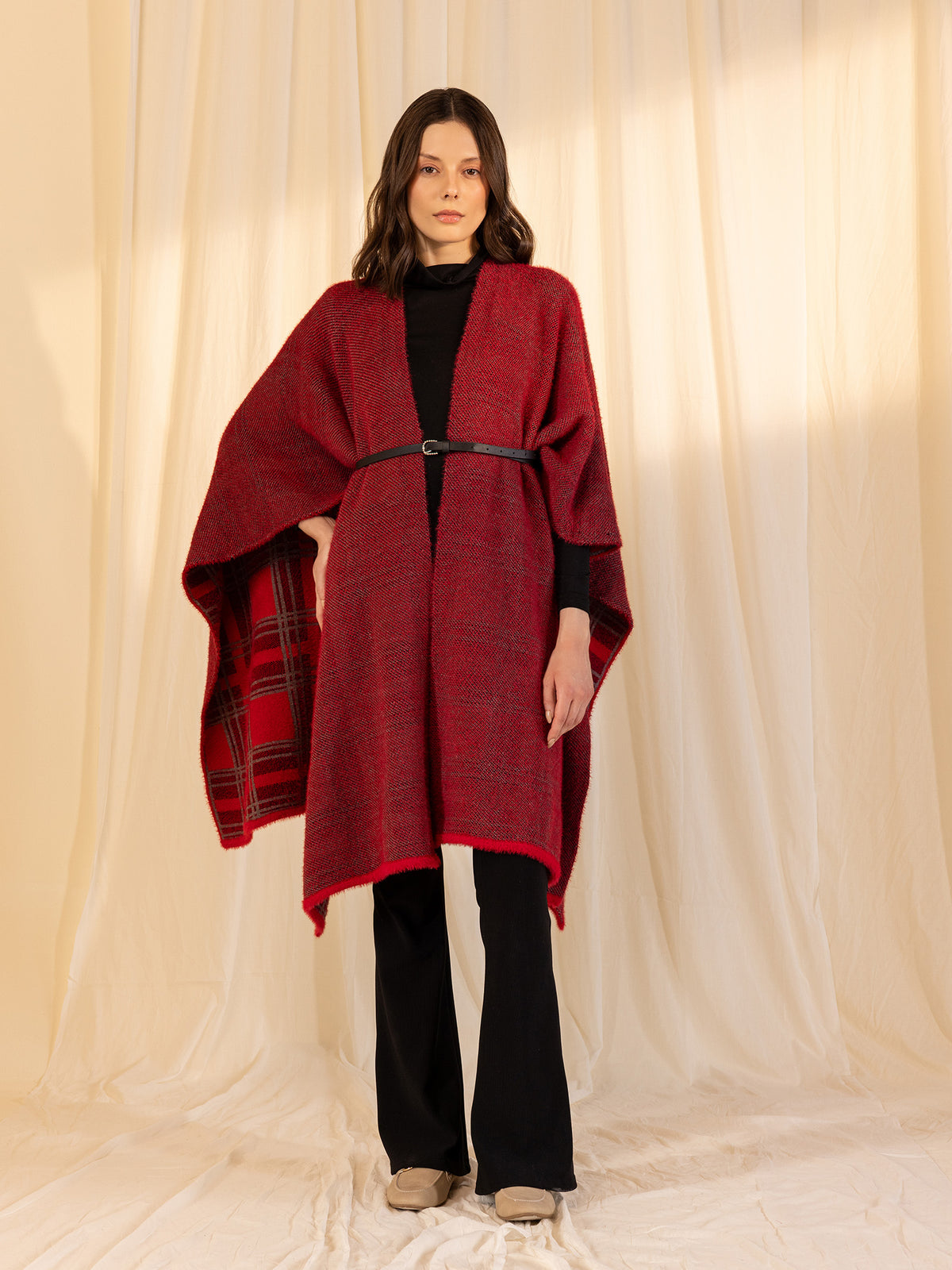 Woollen Reversible Check Cape Crimson