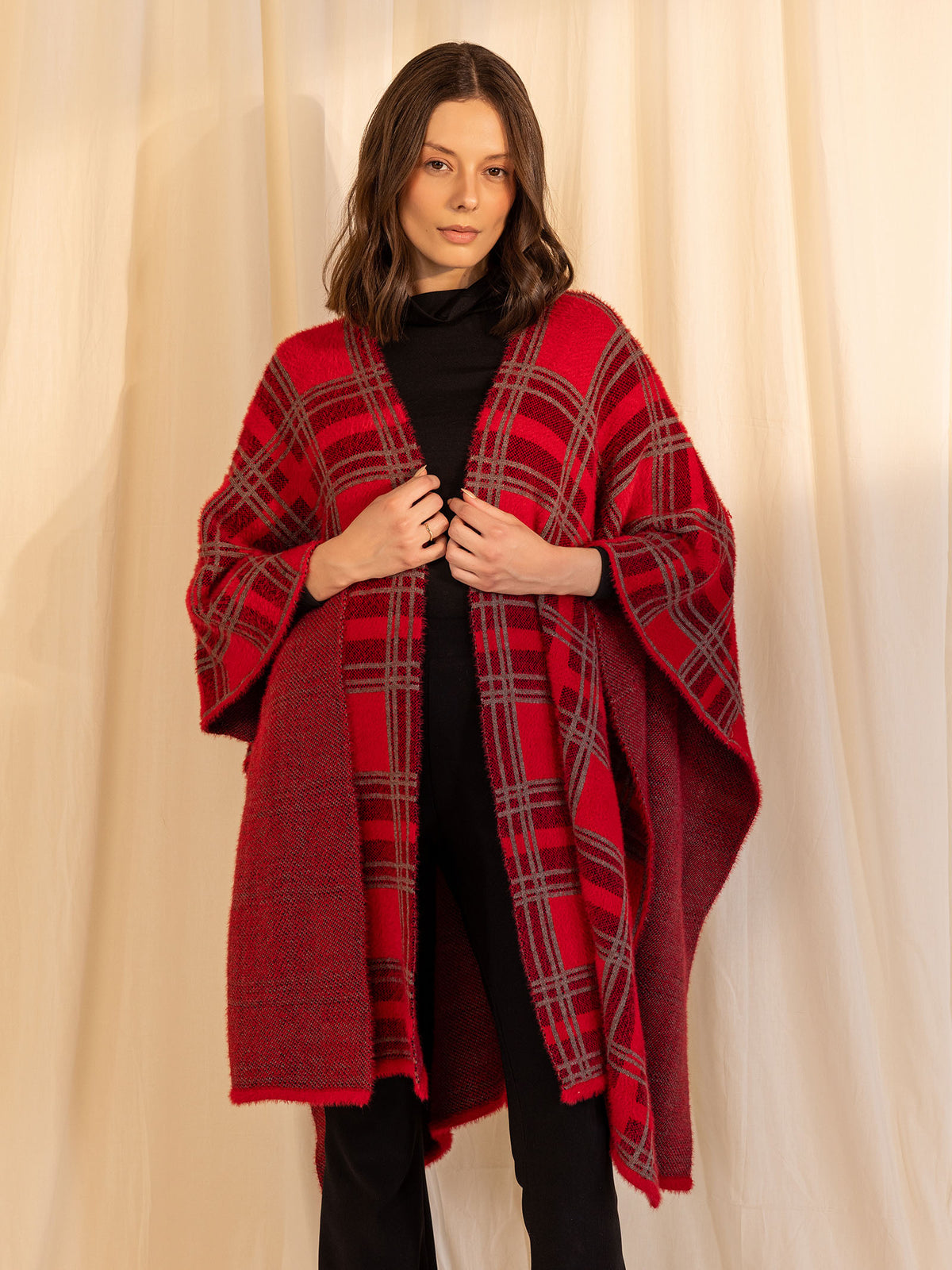 Woollen Reversible Check Cape Crimson