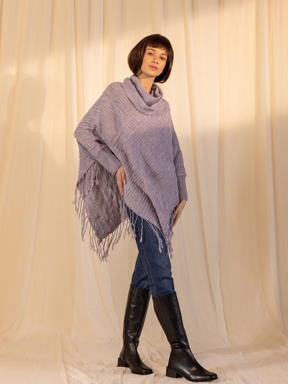 Woollen Cowl Neck Poncho - Lilac
