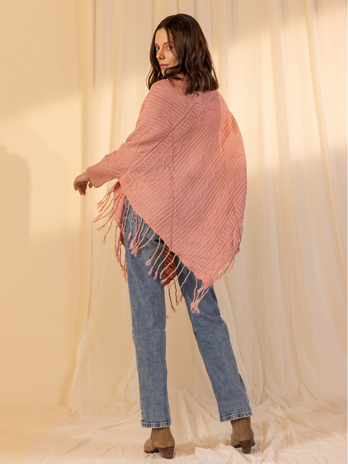 Woollen Cowl Neck Poncho - Rose