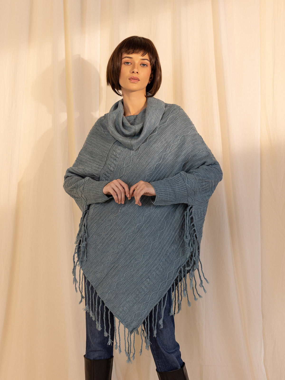Woollen Cowl Neck Poncho - Iceberg