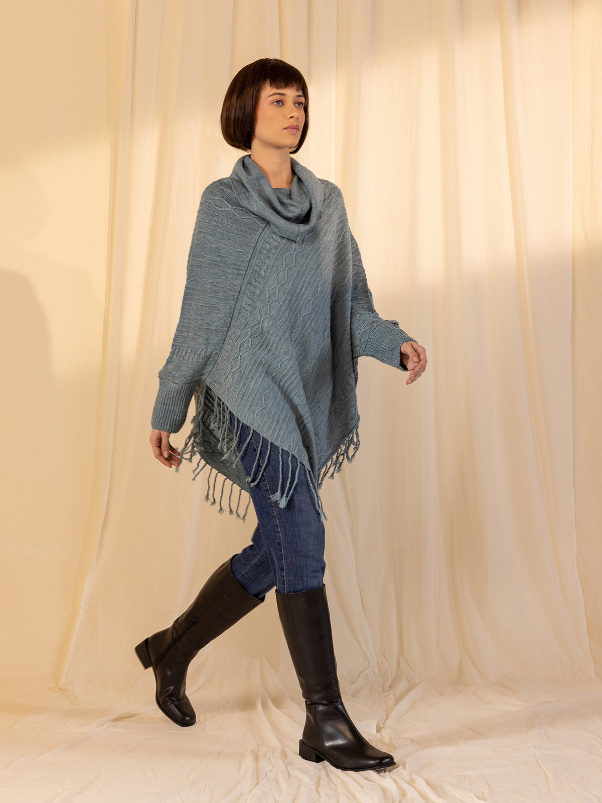 Woollen Cowl Neck Poncho - Iceberg