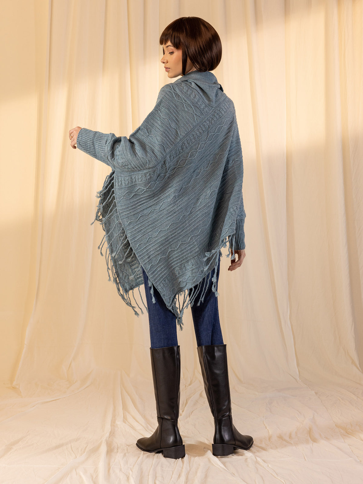 Woollen Cowl Neck Poncho - Iceberg