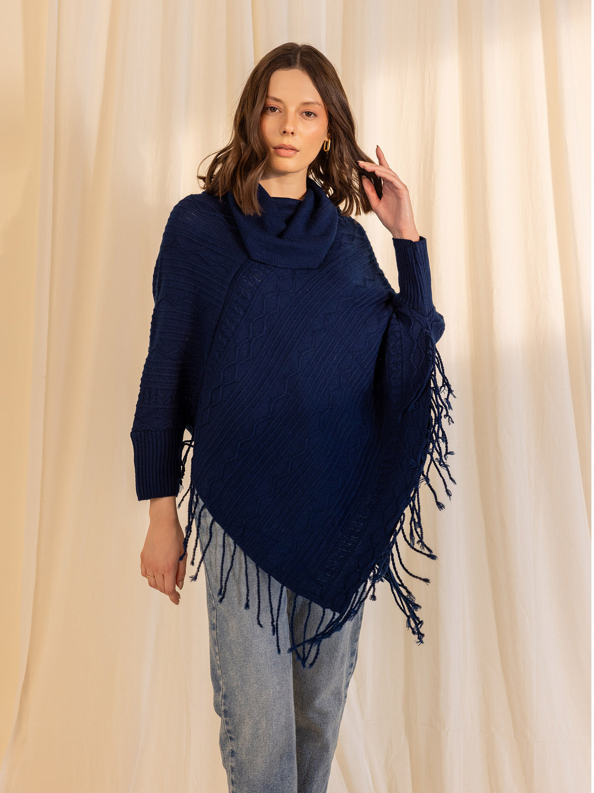 Woollen Cowl Neck Poncho - Ink Blue