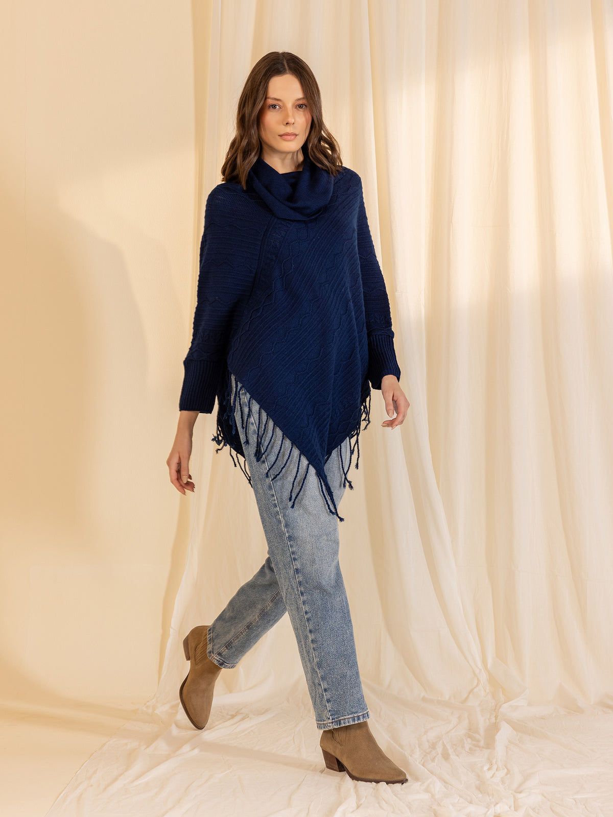 Woollen Cowl Neck Poncho - Ink Blue