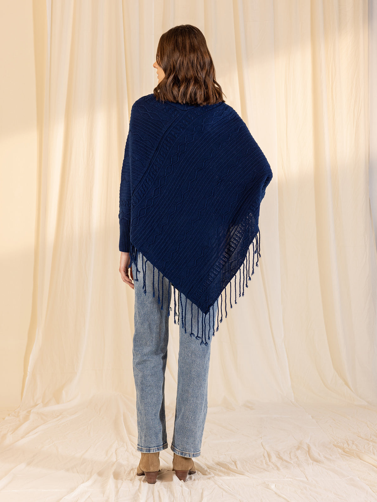 Woollen Cowl Neck Poncho - Ink Blue