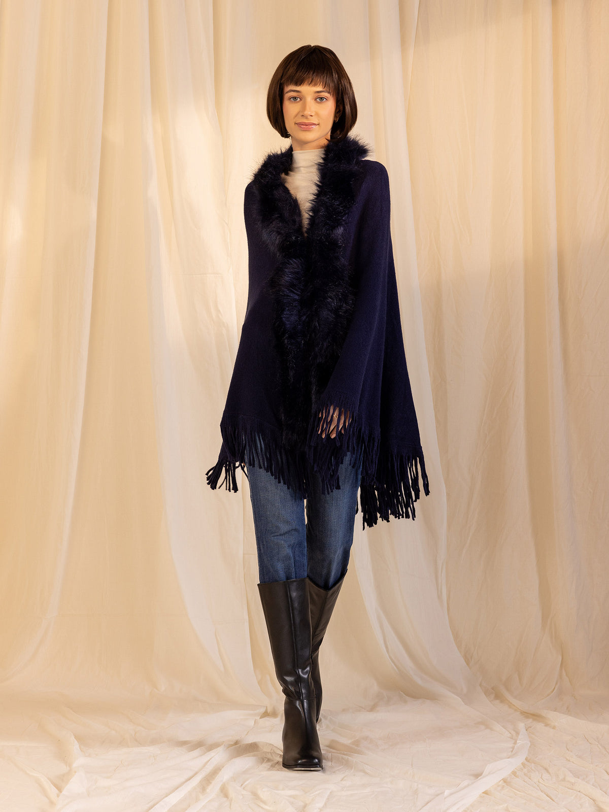 Woollen Fur Cape - Navy