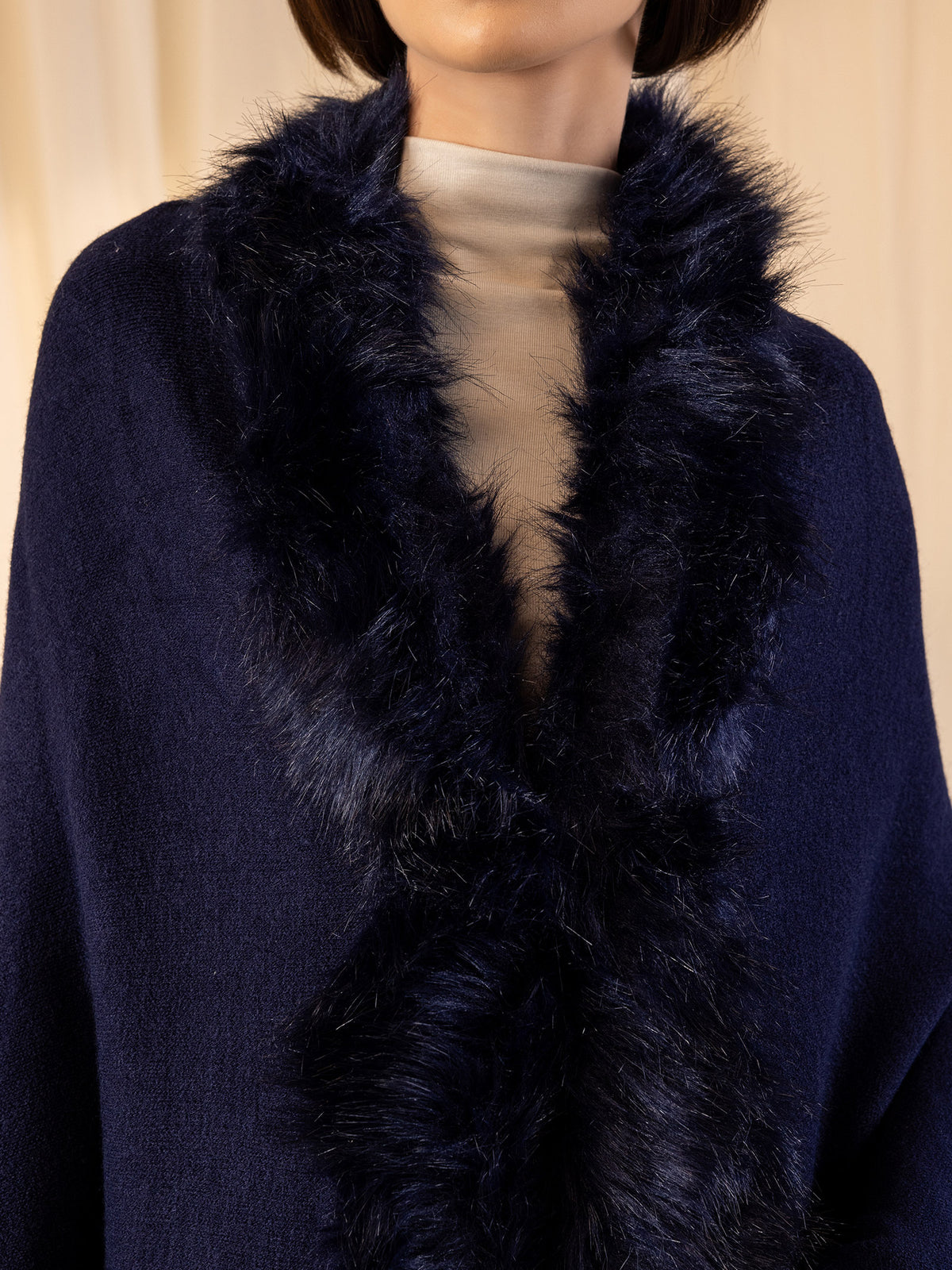 Woollen Fur Cape - Navy