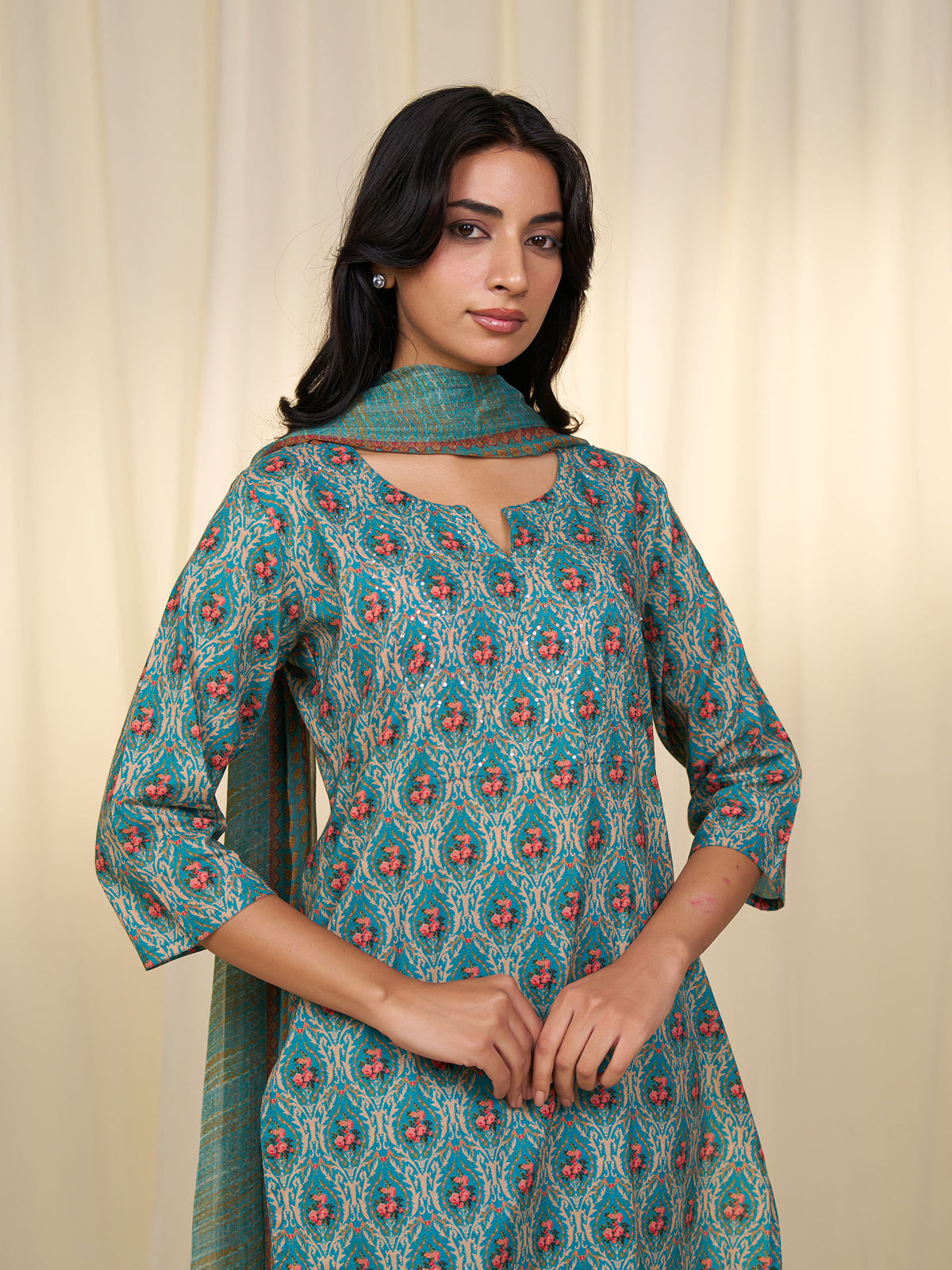 Indian Chintz Teal Chiffon Dupatta