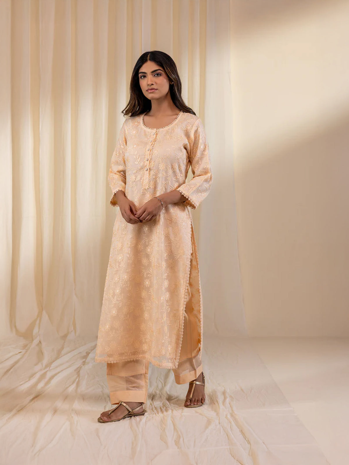 Kota Jaal Peach Kurta