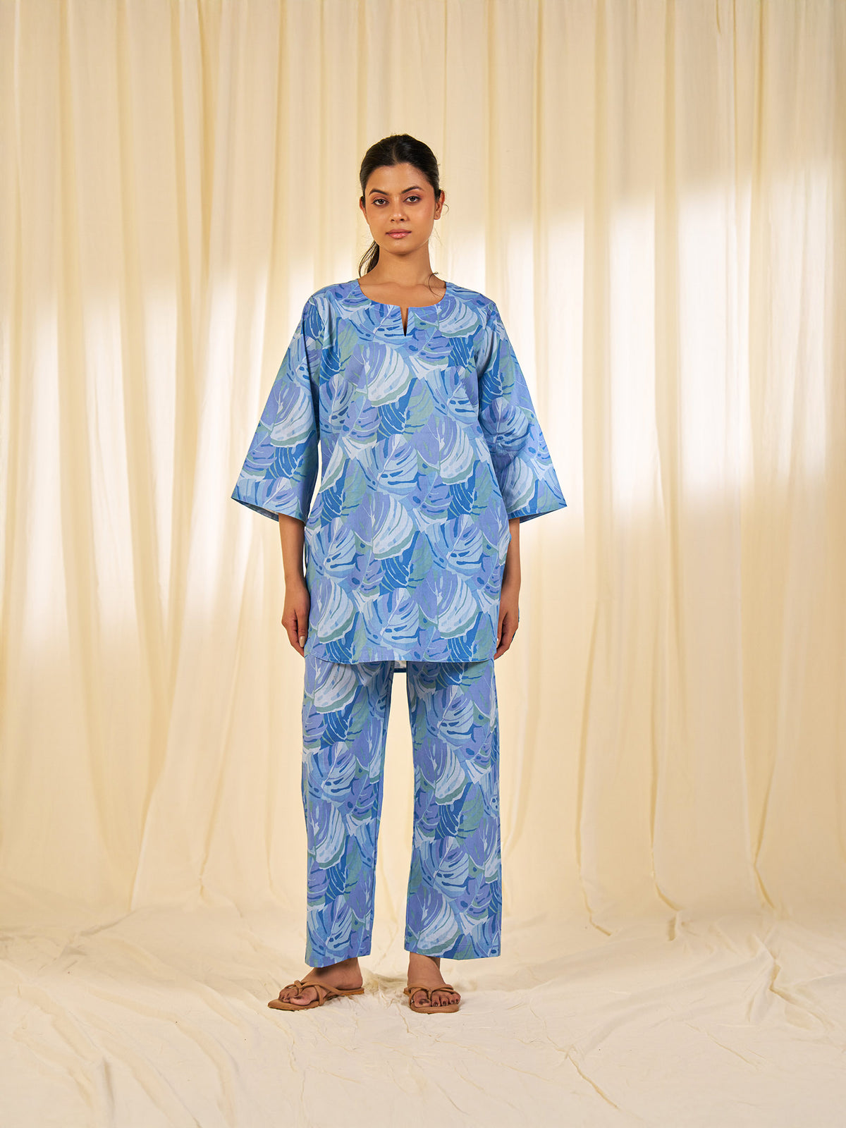 Leaves Blue Cotton Night Suit
