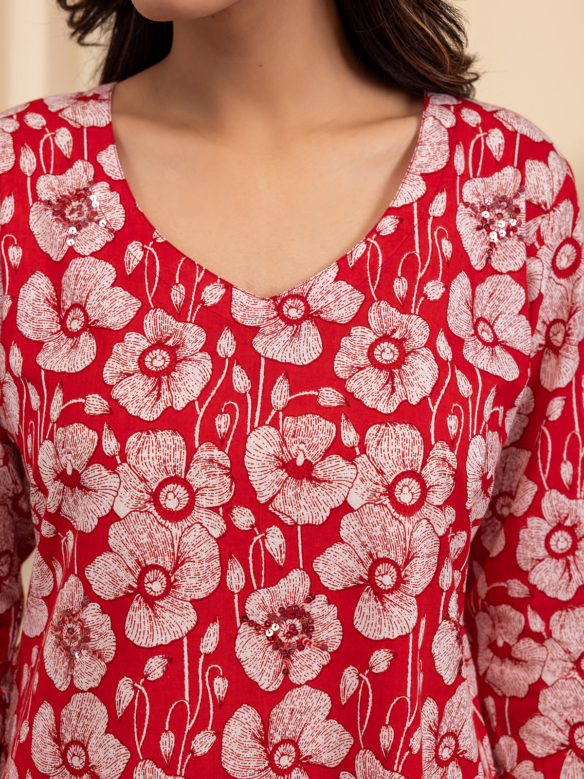 Red Poppy Cotton Kurta