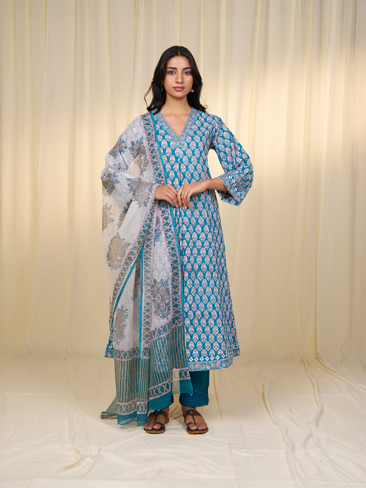 Teal Printed Kota Dupatta