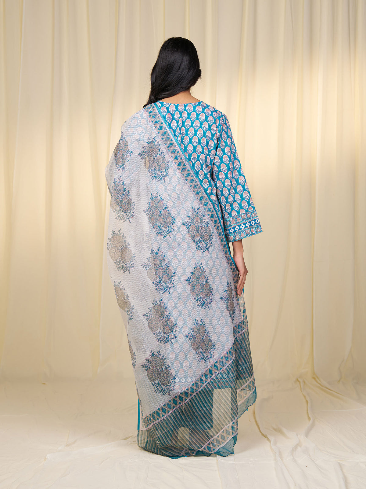 Teal Printed Kota Dupatta
