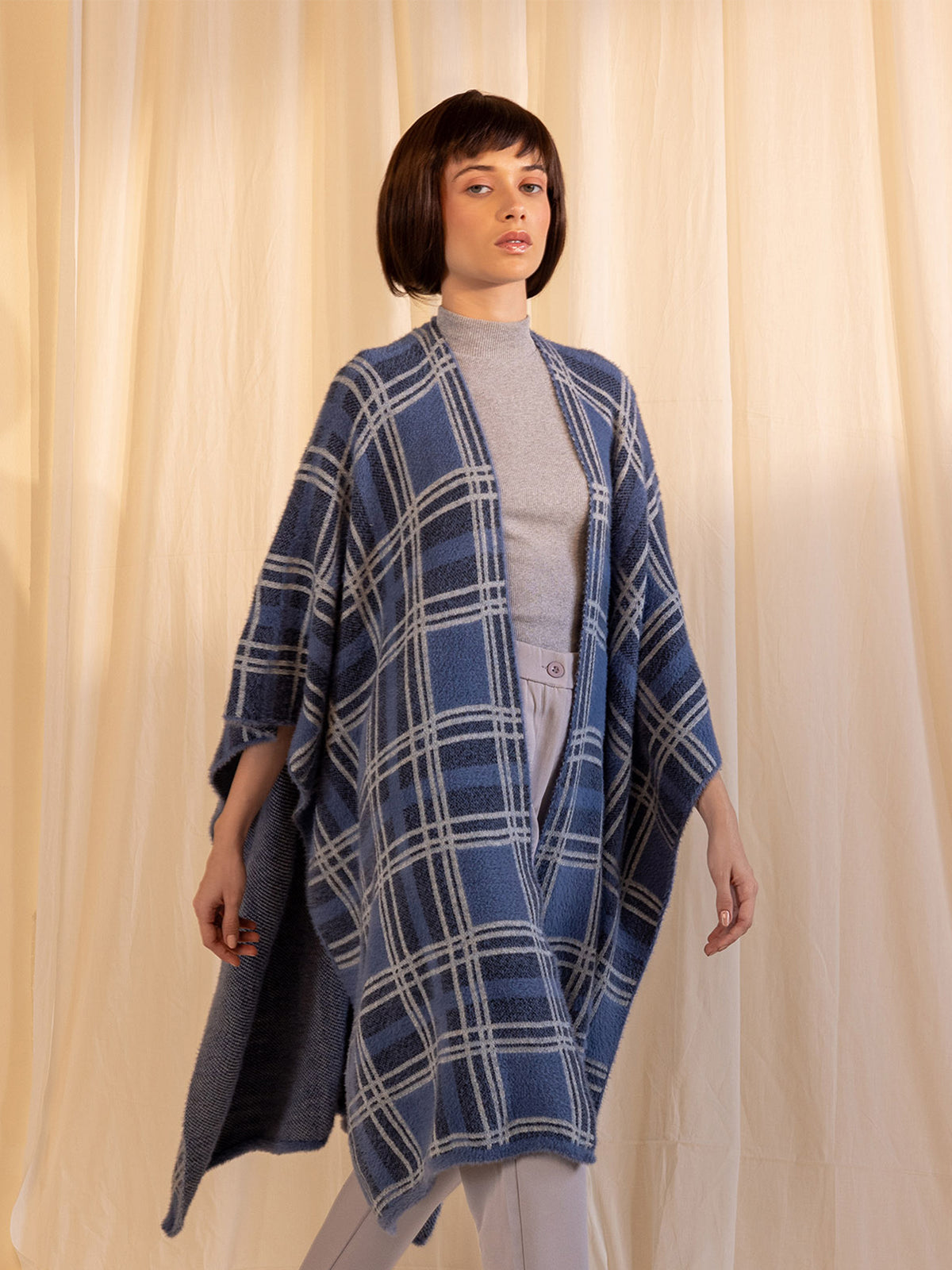 Woollen Reversible Check Cape Denim
