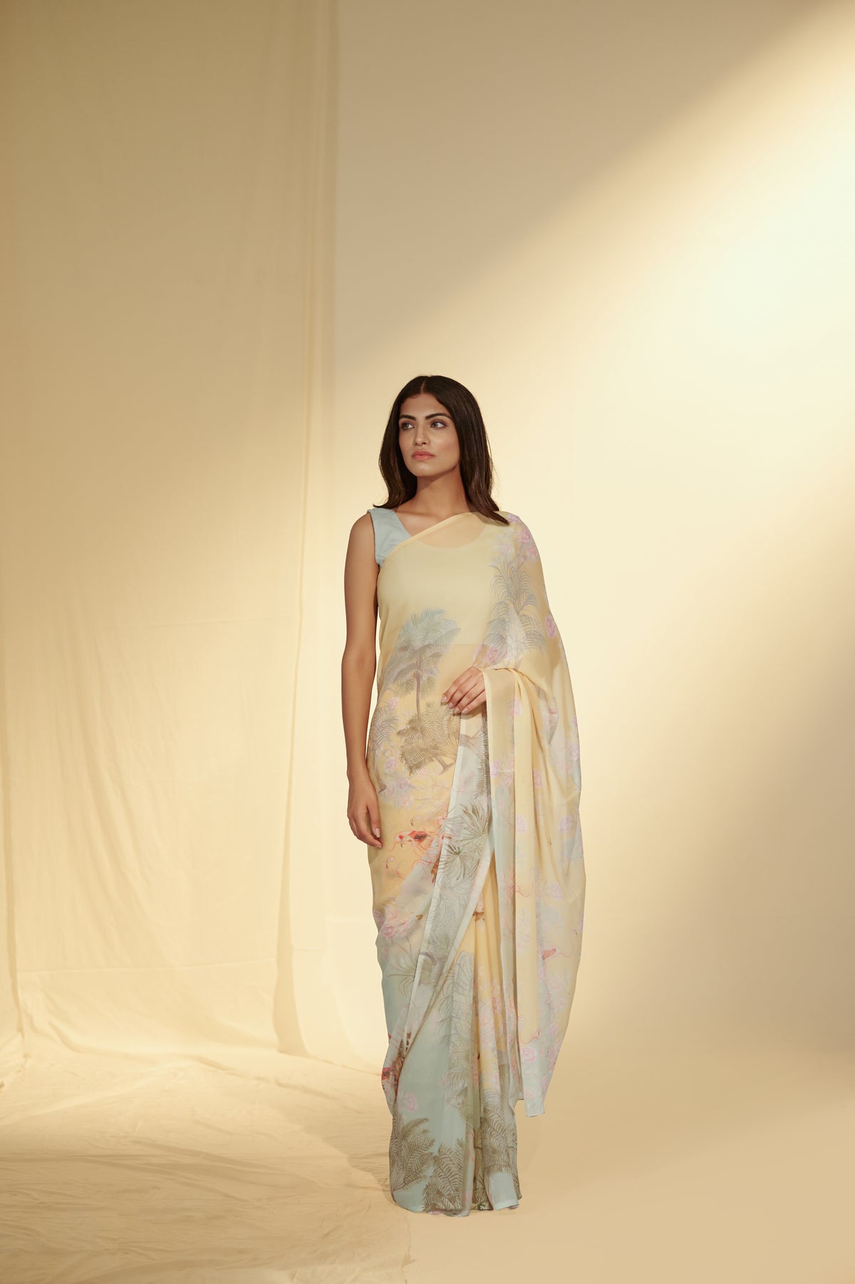 Enchanted Forest - Flamingo & Dates Chiffon Saree