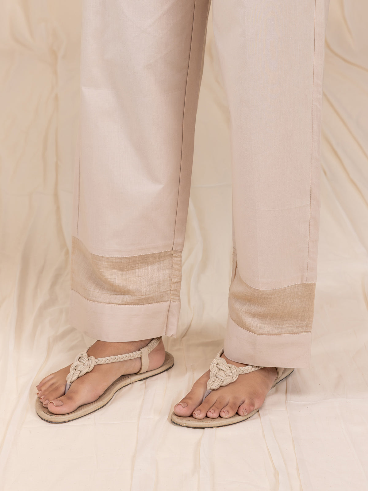 Satin Stitch Beige Cotton Straight Pant