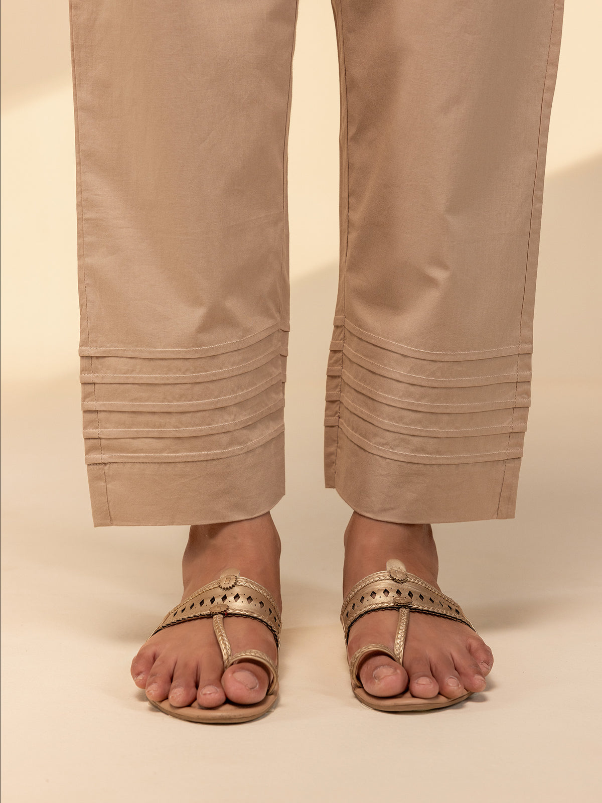 Plain Beige Cotton Straight Pant
