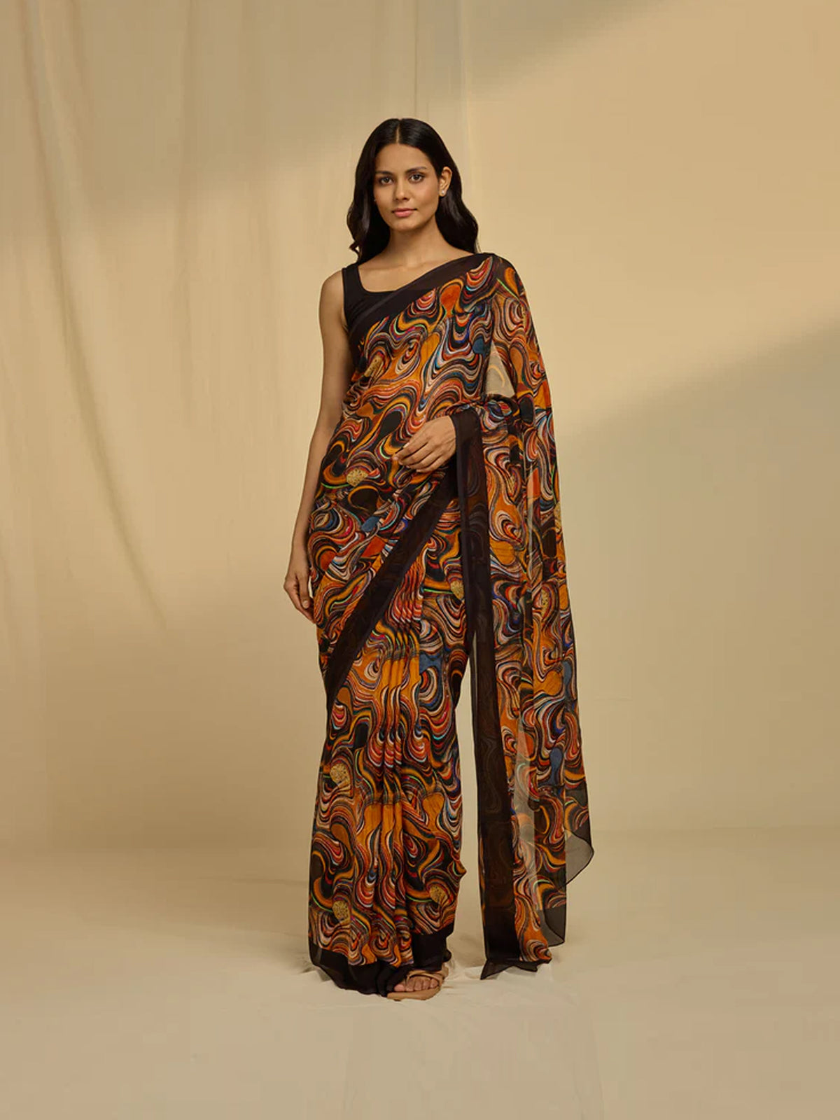 Abstract Orange Chiffon Saree