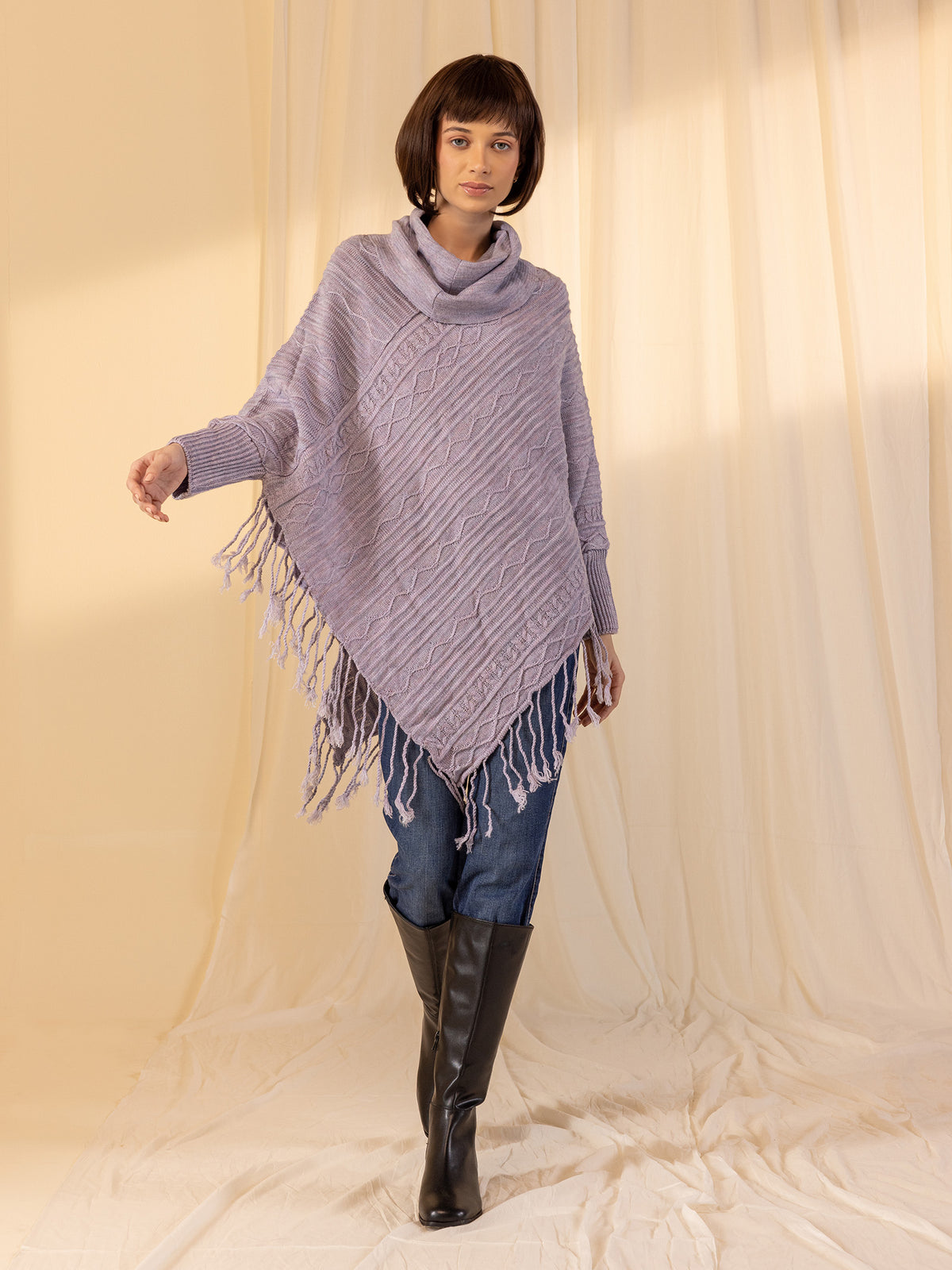 Woollen Cowl Neck Poncho - Lilac