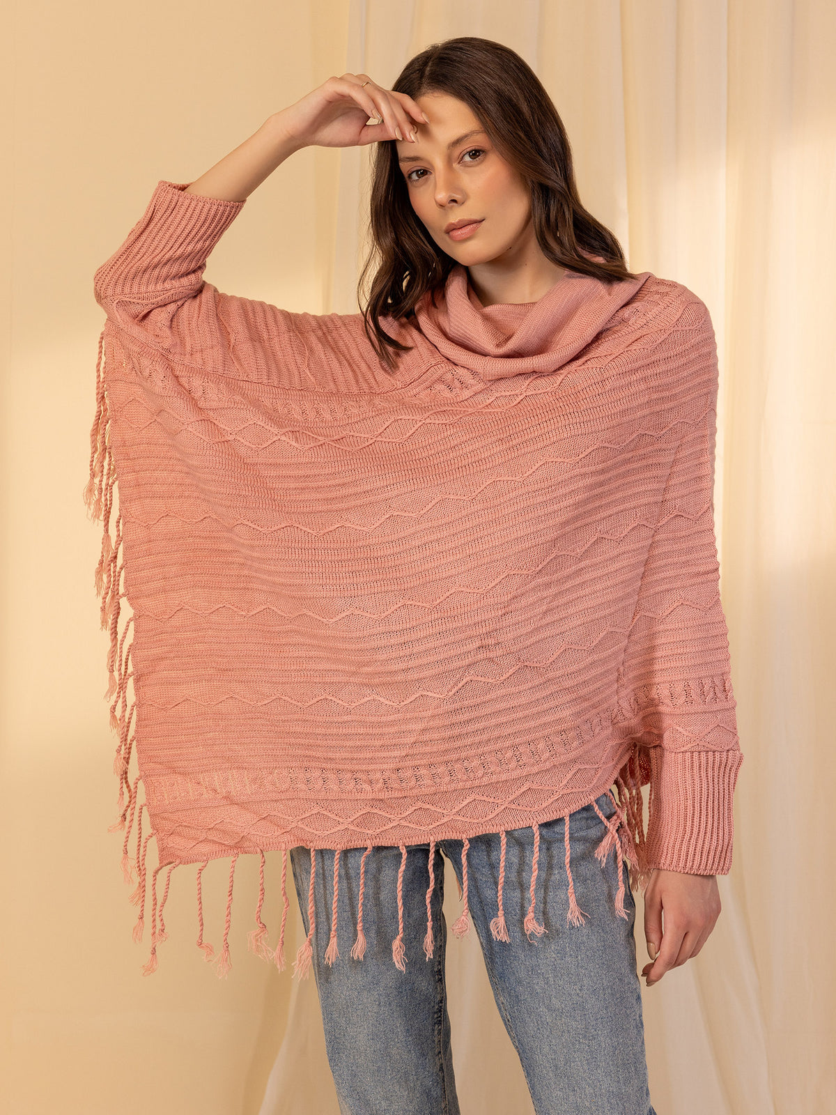 Woollen Cowl Neck Poncho - Rose