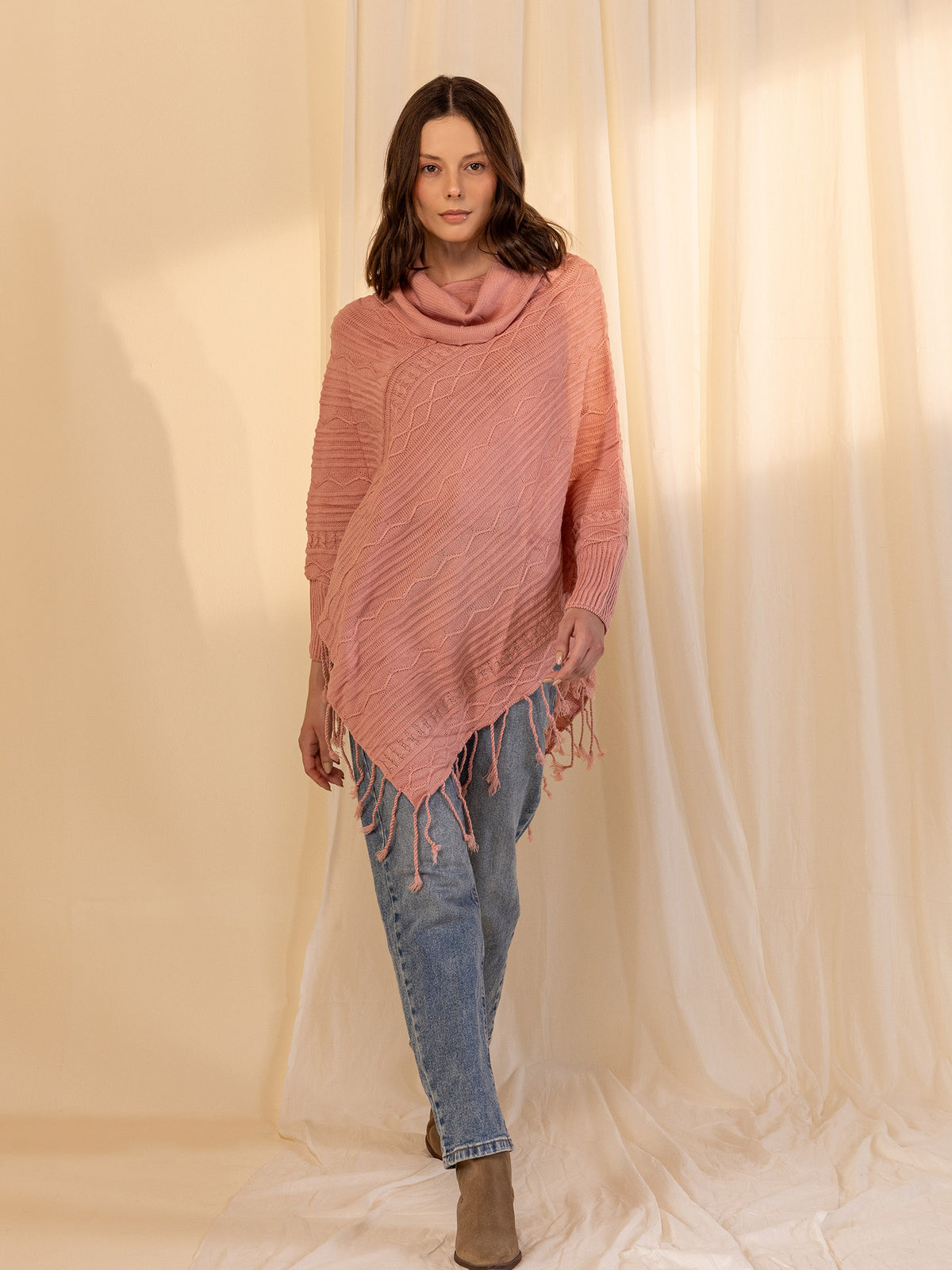Woollen Cowl Neck Poncho - Rose