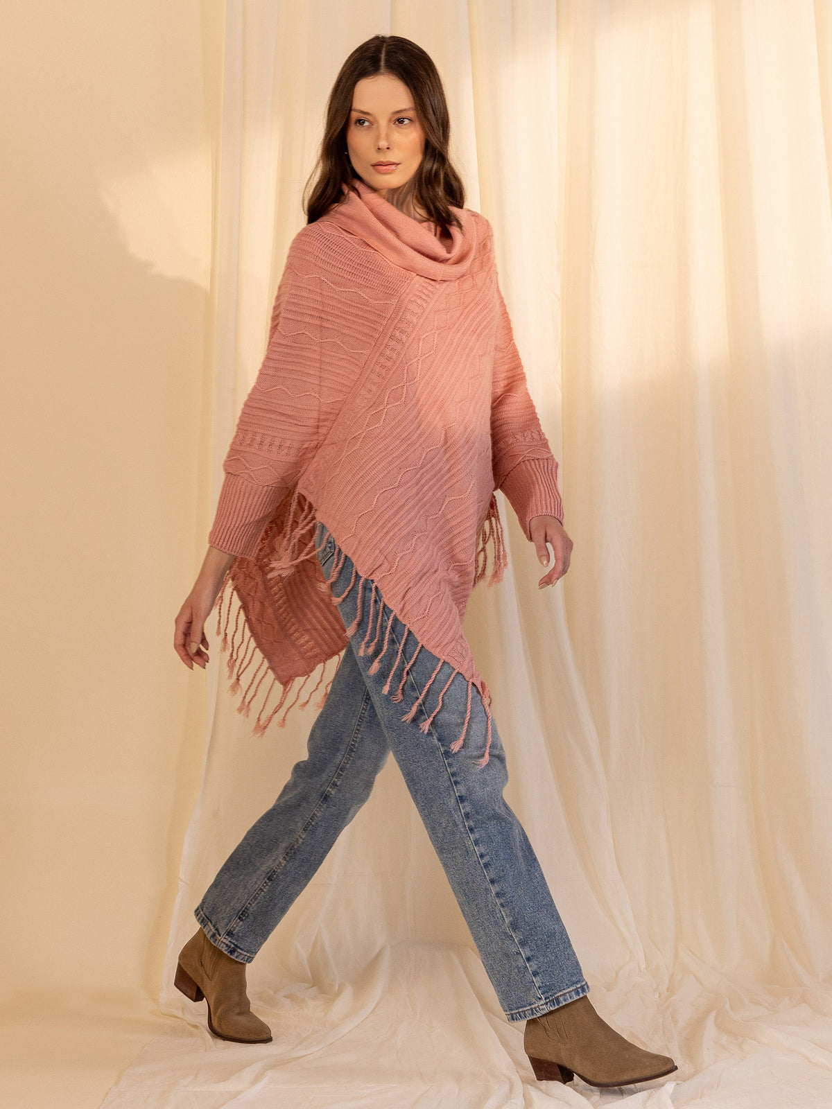 Woollen Cowl Neck Poncho - Rose
