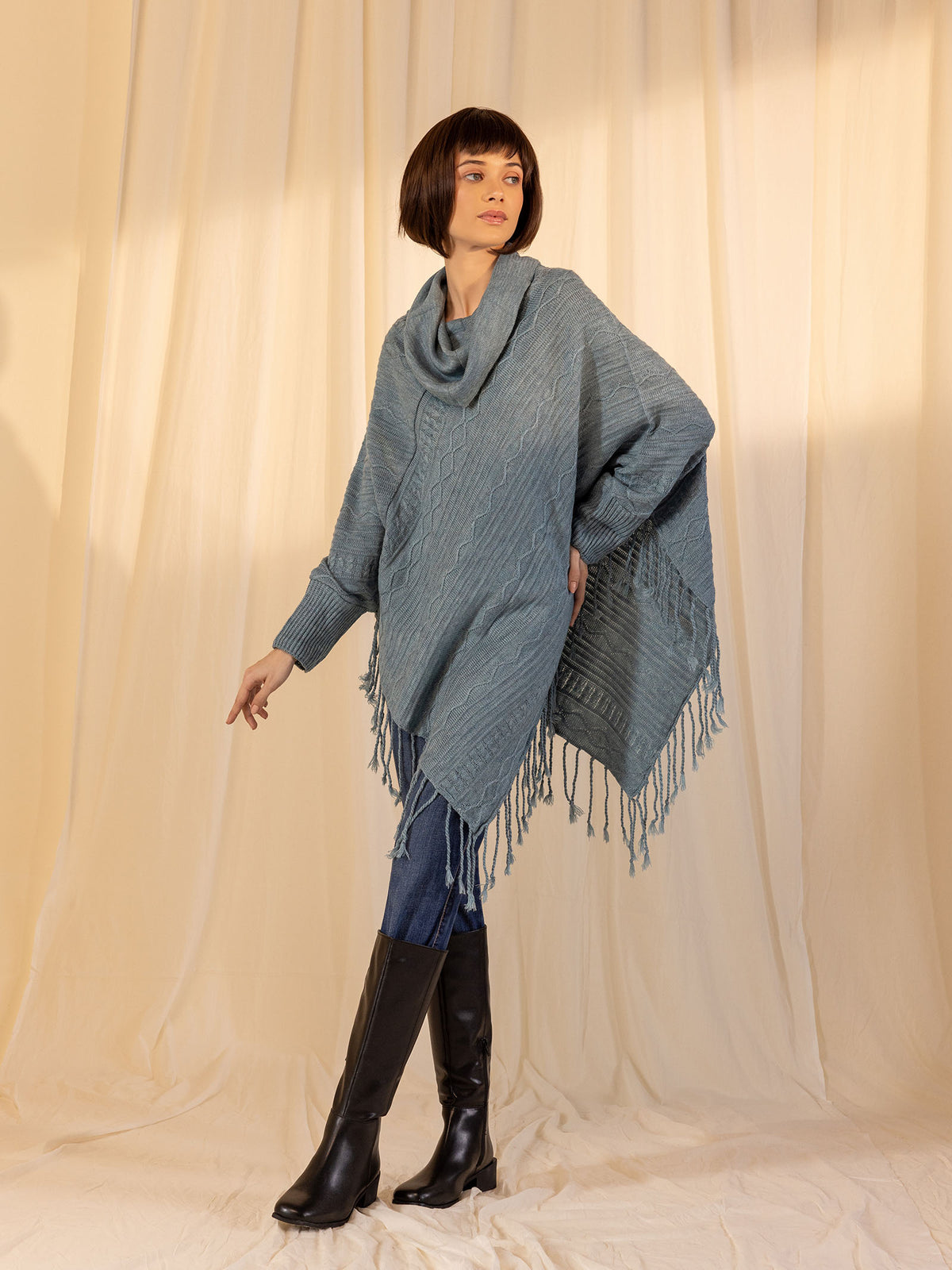 Woollen Cowl Neck Poncho - Iceberg