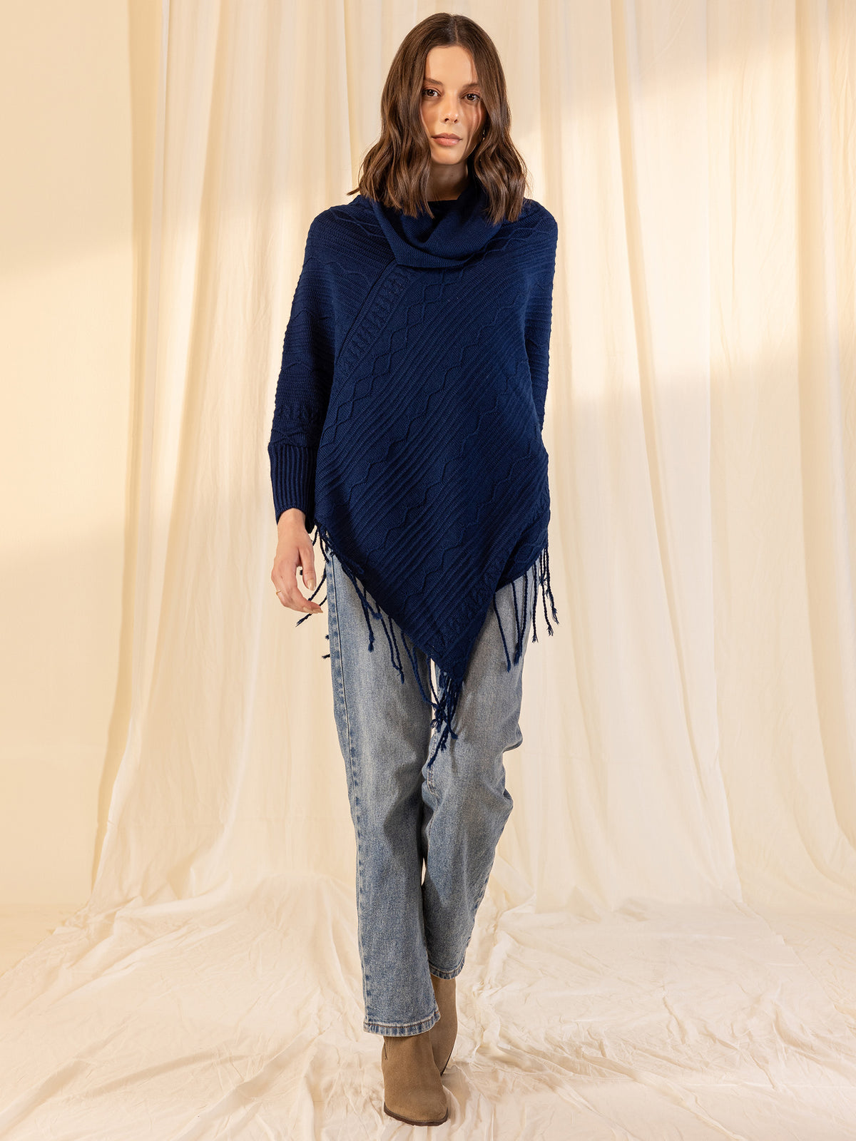 Woollen Cowl Neck Poncho - Ink Blue