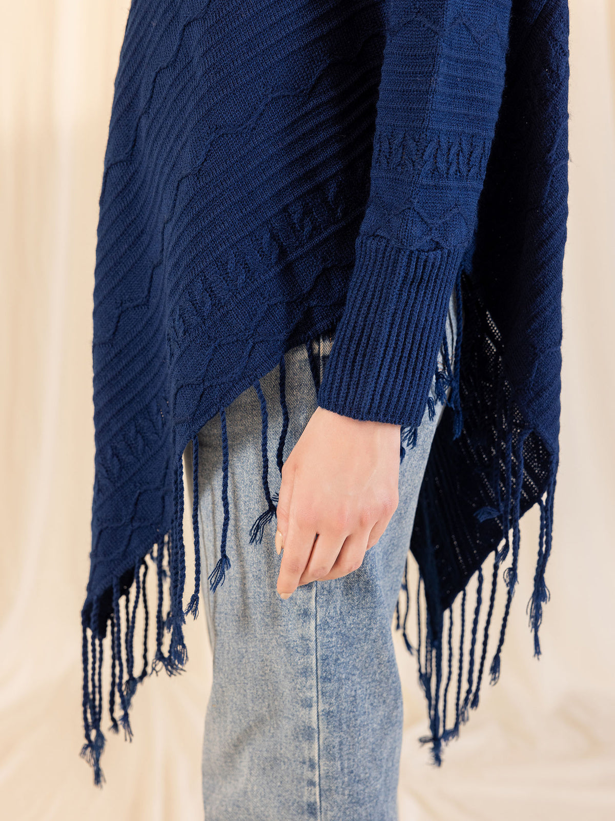 Woollen Cowl Neck Poncho - Ink Blue