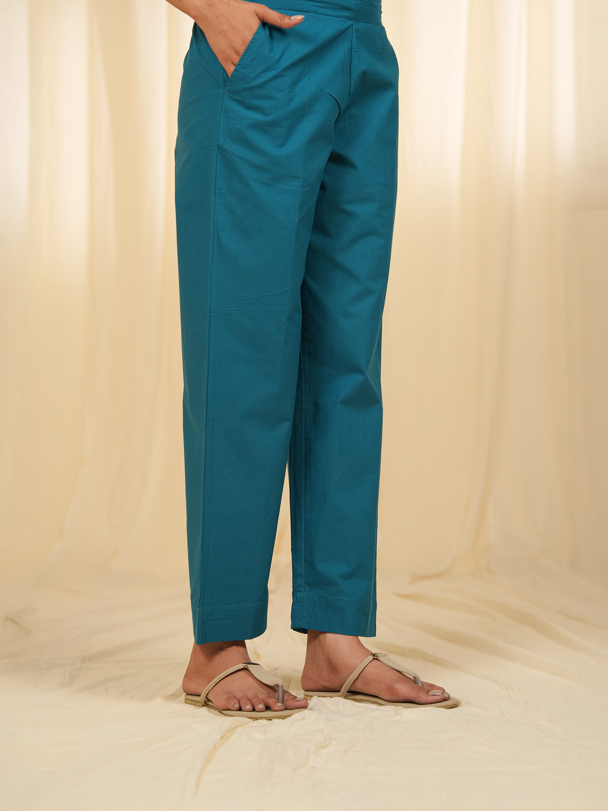 Filigree Teal Cotton Straight Pants