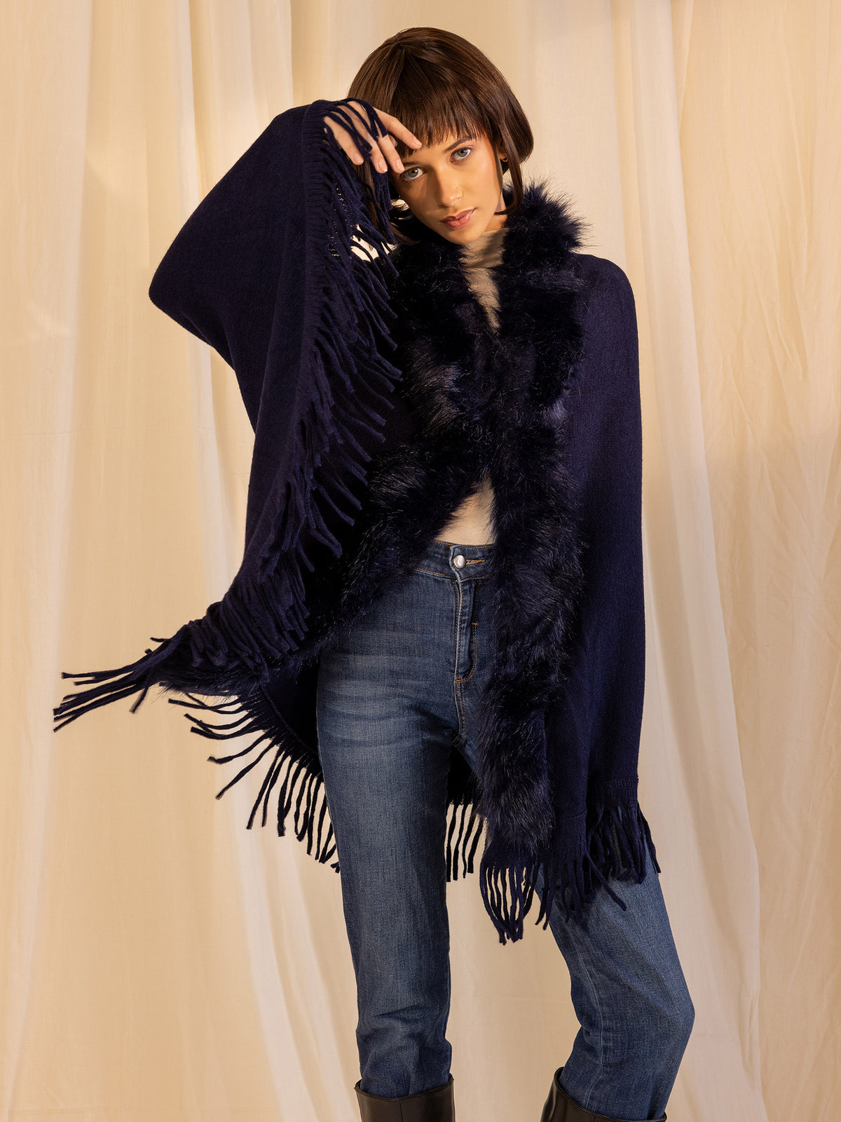 Woollen Fur Cape - Navy