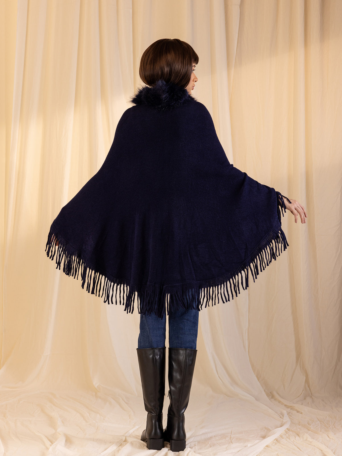 Woollen Fur Cape - Navy