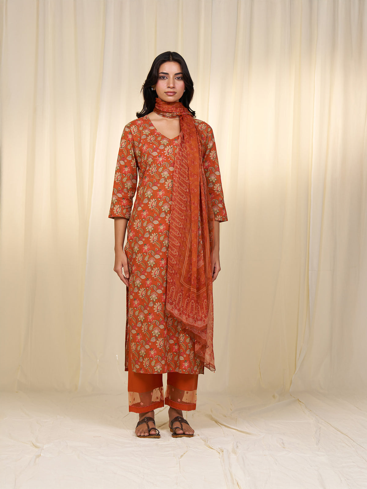 Indian Chintz Tangerine Chiffon Dupatta