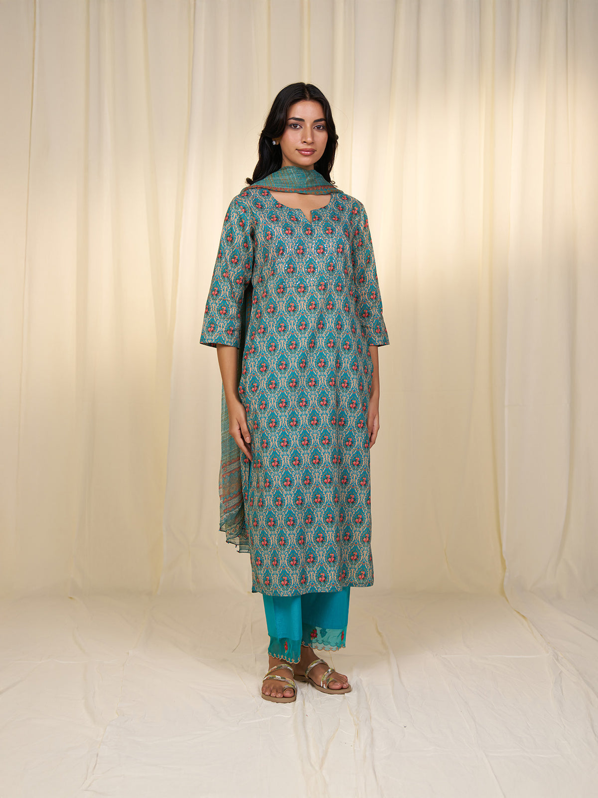 Indian Chintz Teal Chiffon Dupatta