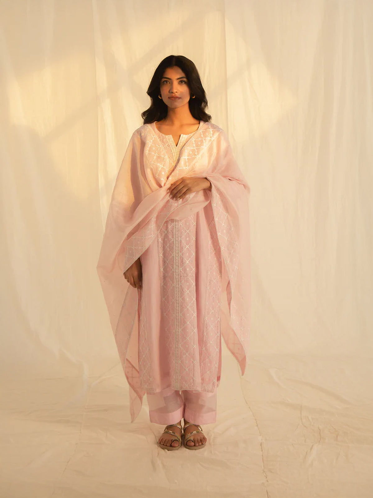 Satin Stitch Pink Chanderi Dupatta