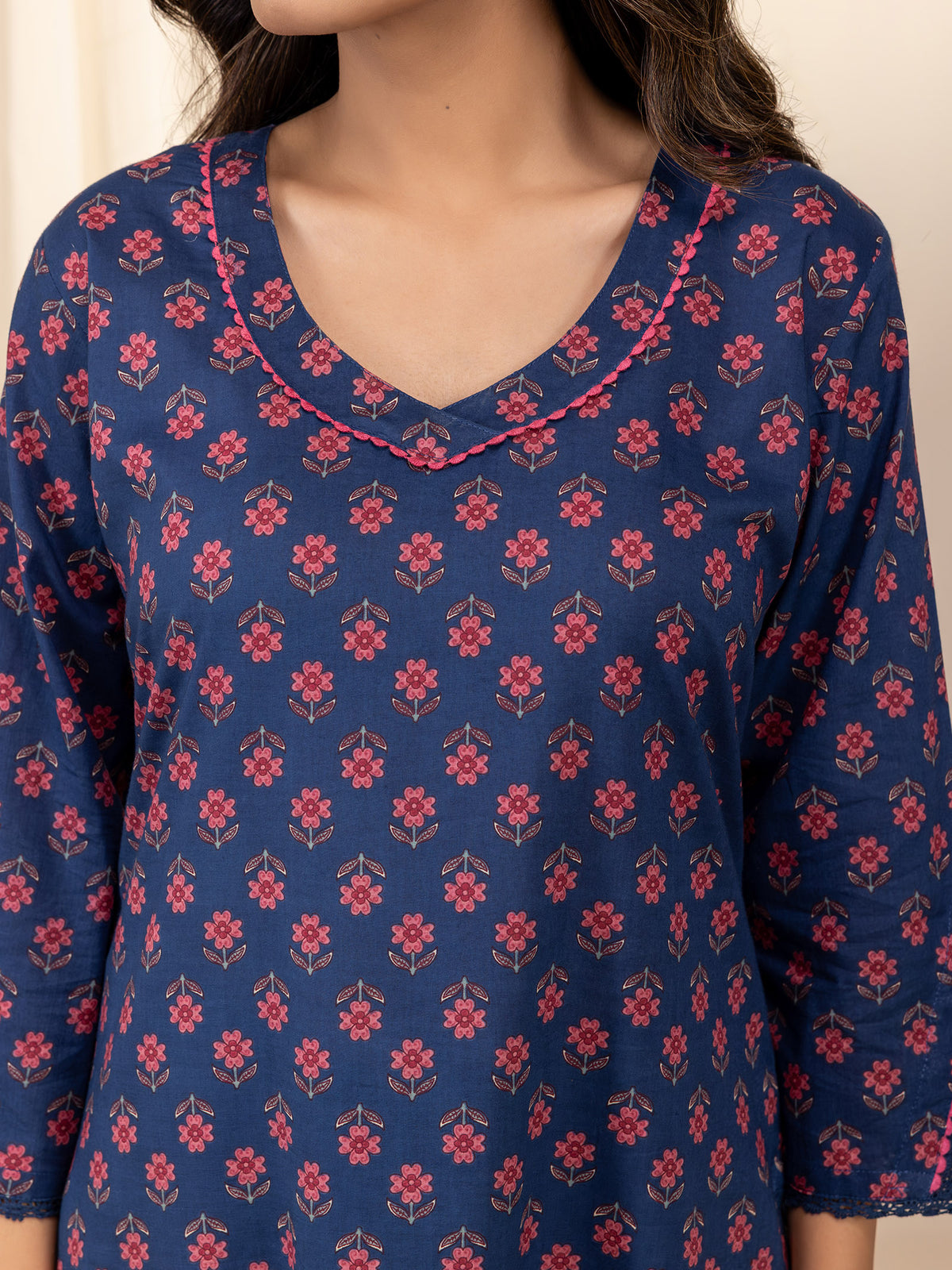 Pink Navy Cotton Kurta