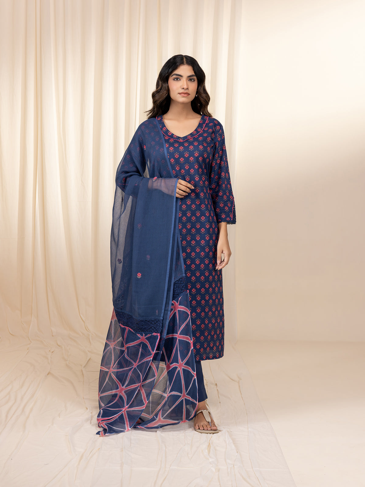 Pink Navy Kota Dupatta