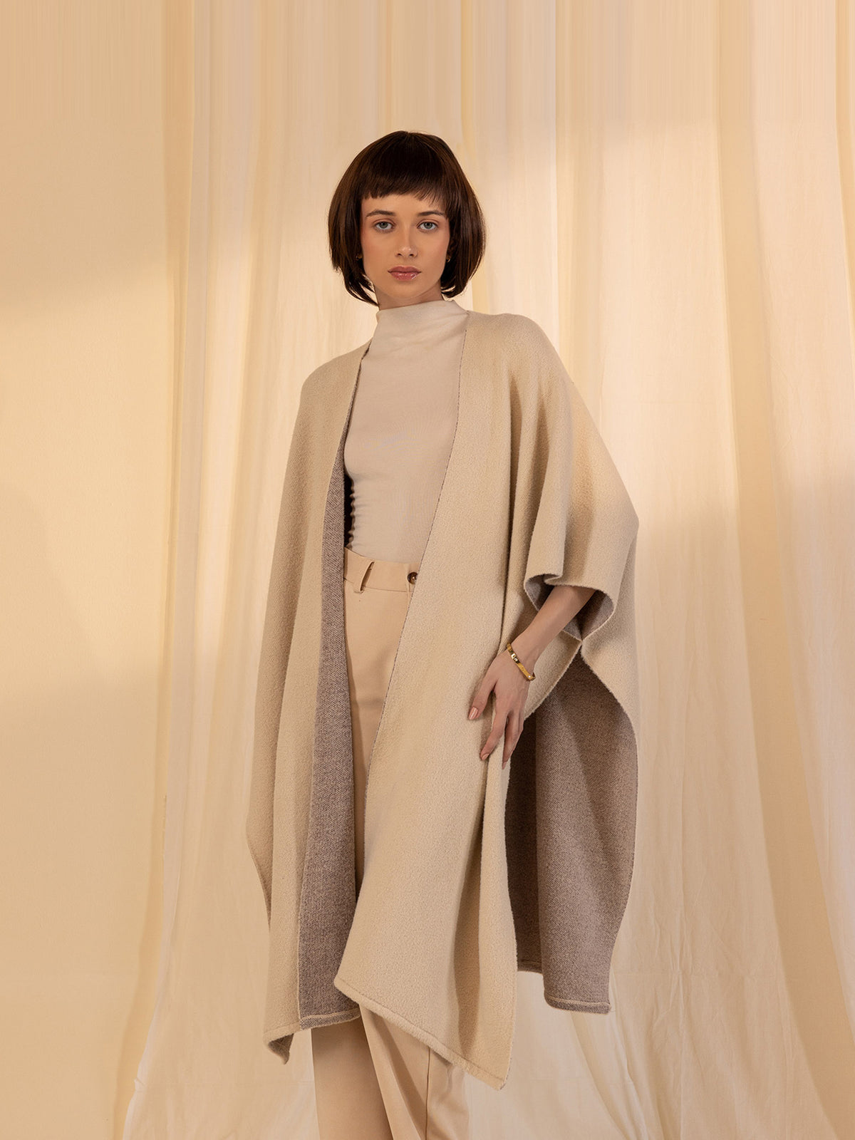 Woollen Reversible Plain Cape - Almond