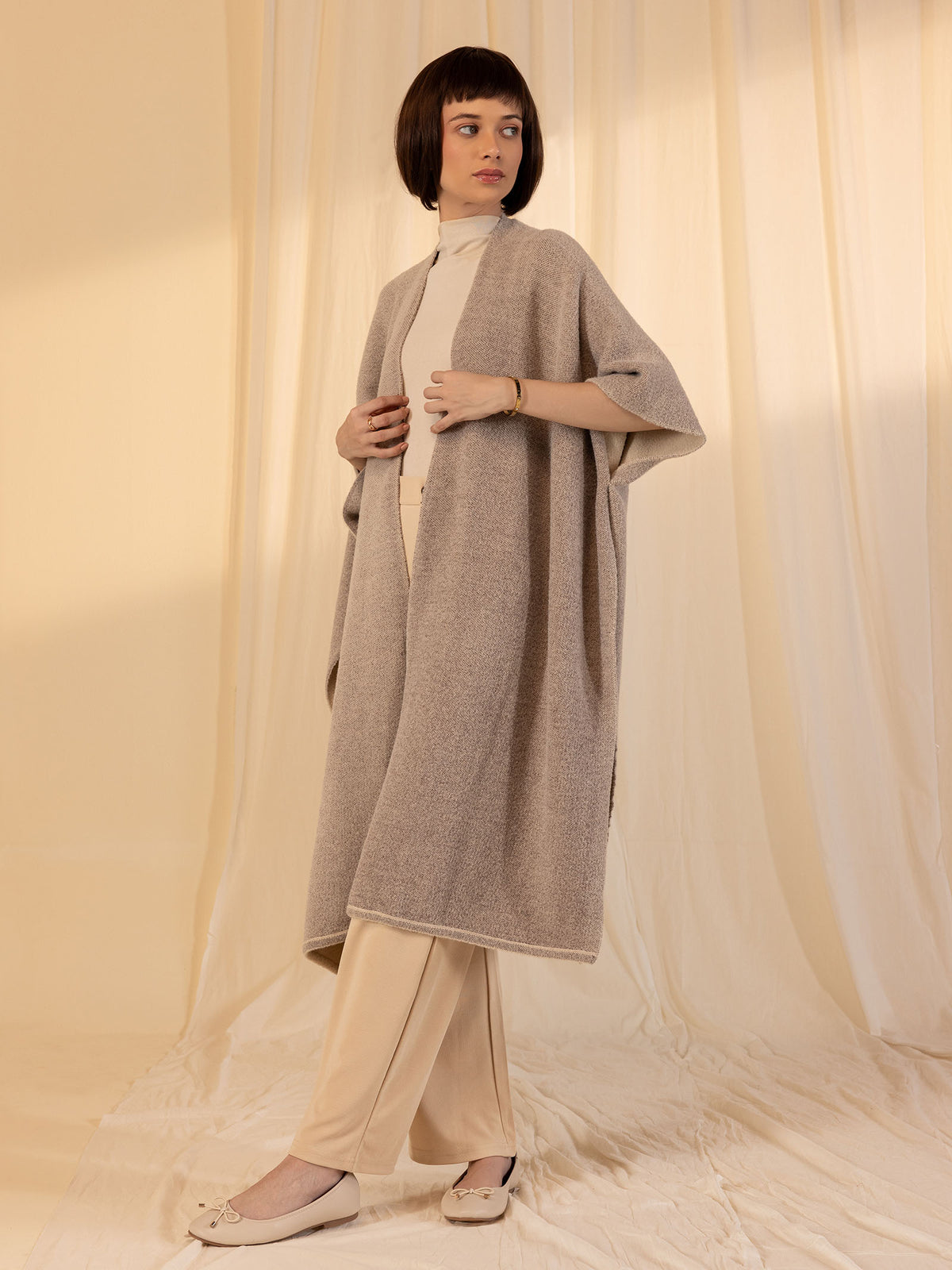 Woollen Reversible Plain Cape - Almond