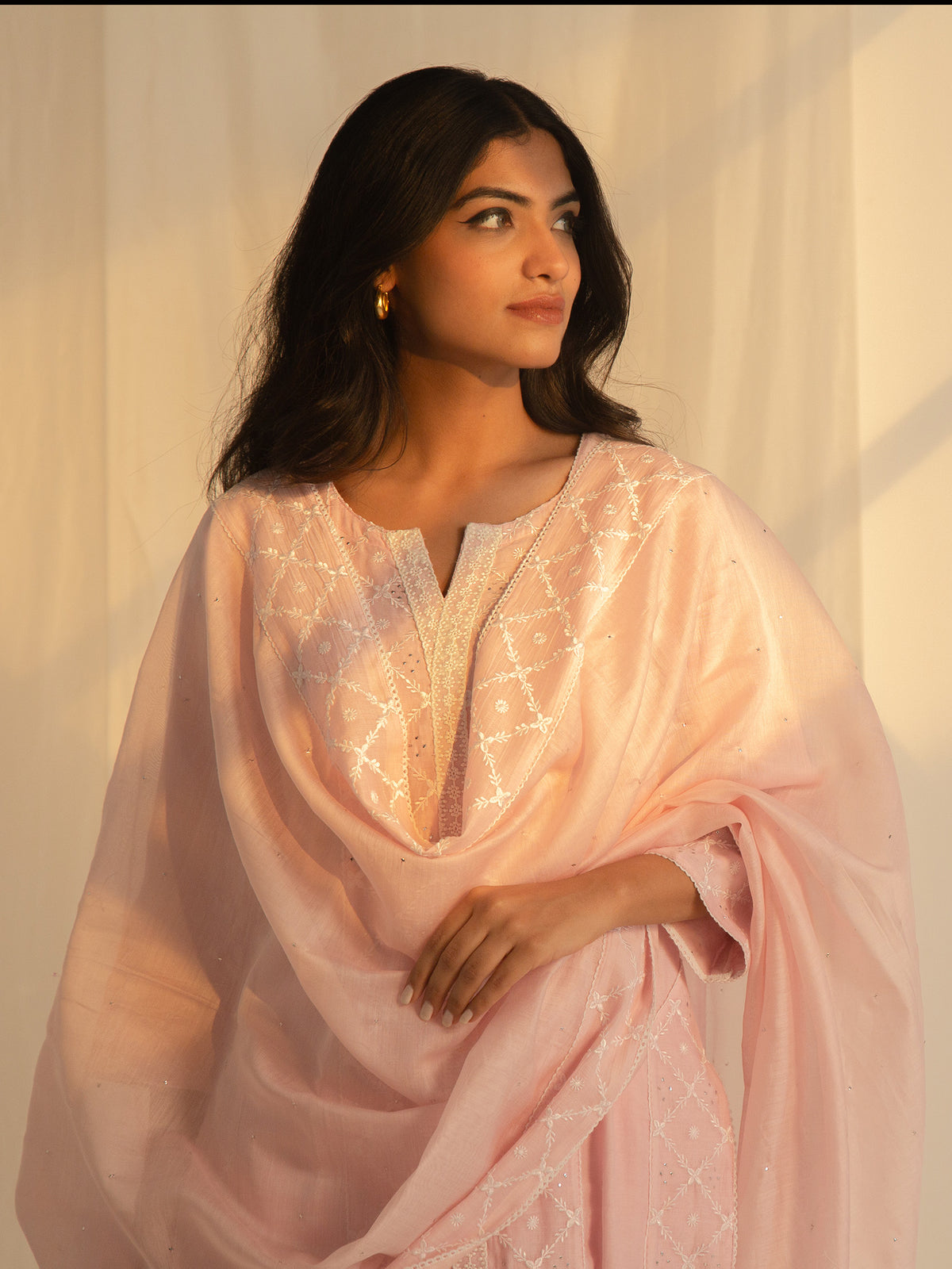 Satin Stitch Pink Chanderi Dupatta