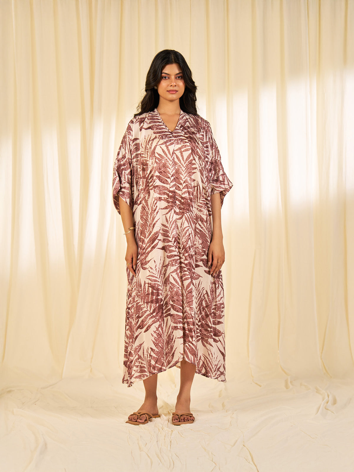 Stolen Secrets - Beige Leaves Modal Satin Dress