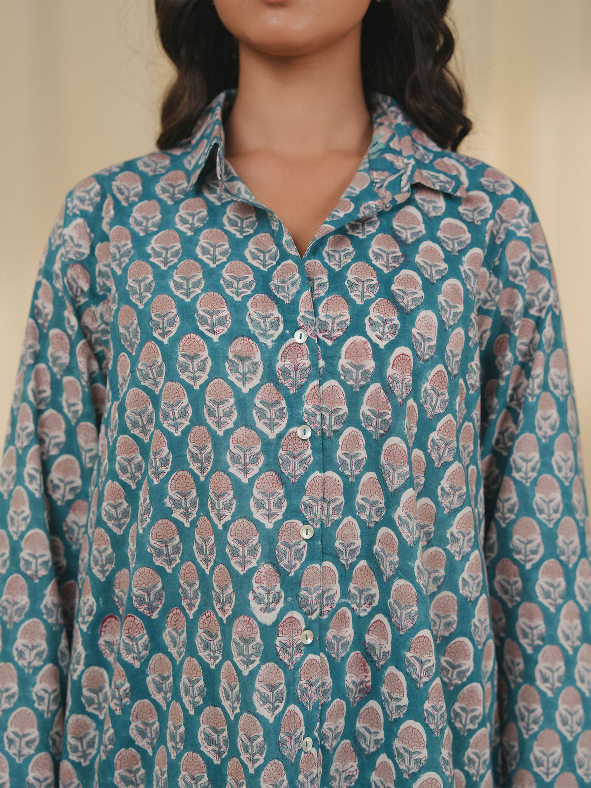 Teal Print Cotton Shirt